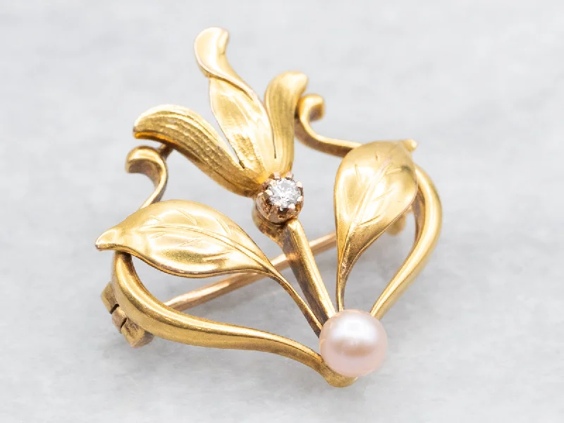 Wire-wrapped brooches-Vintage Botanical Diamond and Pearl Brooch