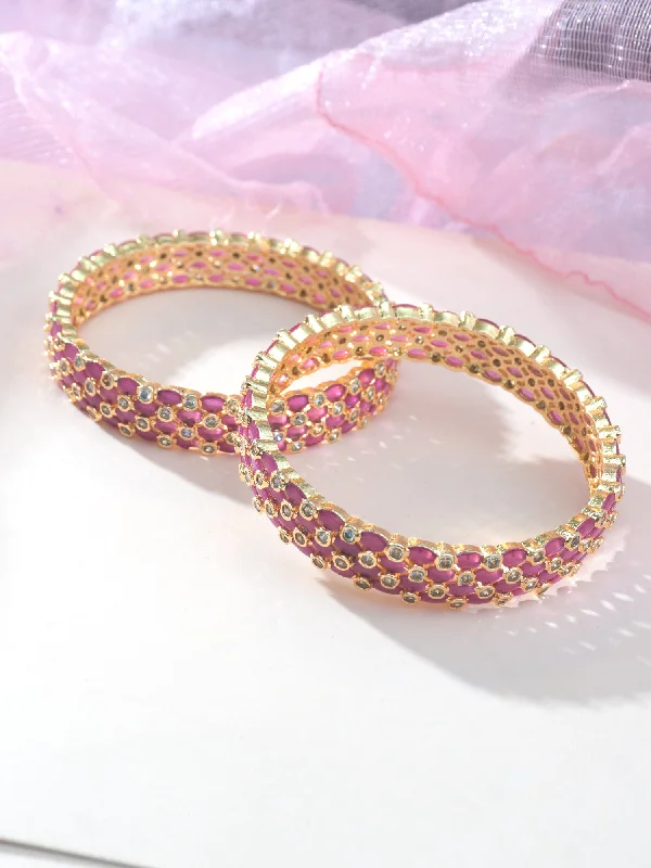 Bead charm bracelets-18k Gold Plated Pink and White Bangle Set of 2