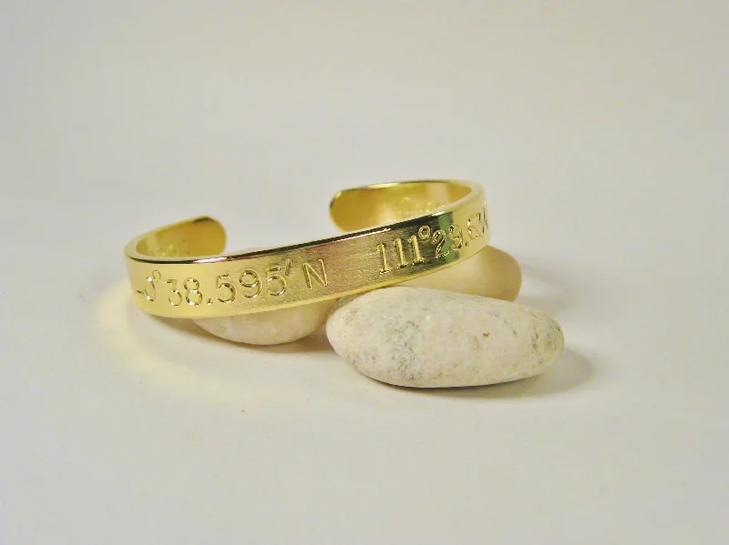 Tri-blend bracelets-Latitude Longitude 18k Gold Women's Cuff (8mm wide w/large text)