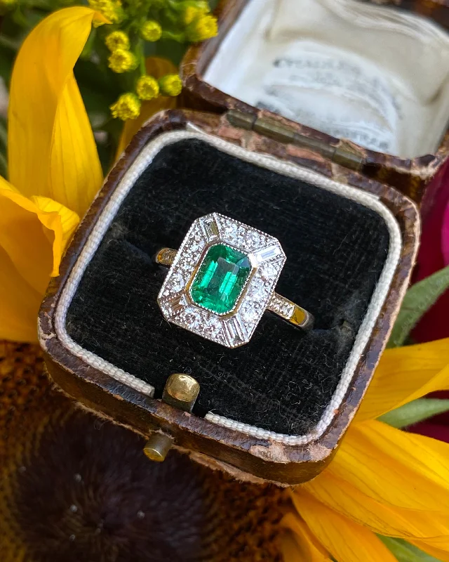 Small wing rings-Art Deco Emerald and Diamond Platinum Ring 0.60ct + 0.90ct