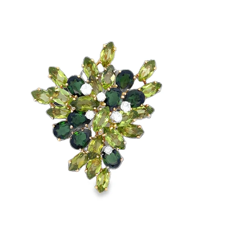 Chunky stone brooches-Vintage Peridot, Green Tourmaline, and Diamond Brooch in Yellow Gold