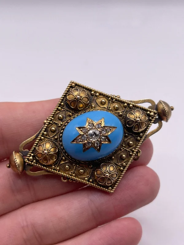 Geometric shape brooches-Antique 15ct gold turquoise and diamond brooch