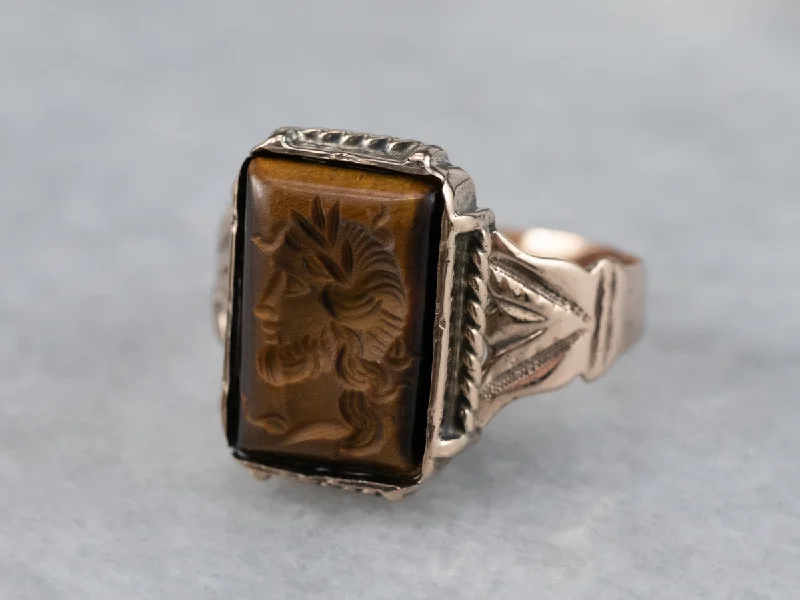 Solid gold rings-Victorian Tiger's Eye Intaglio Rose Gold Ring