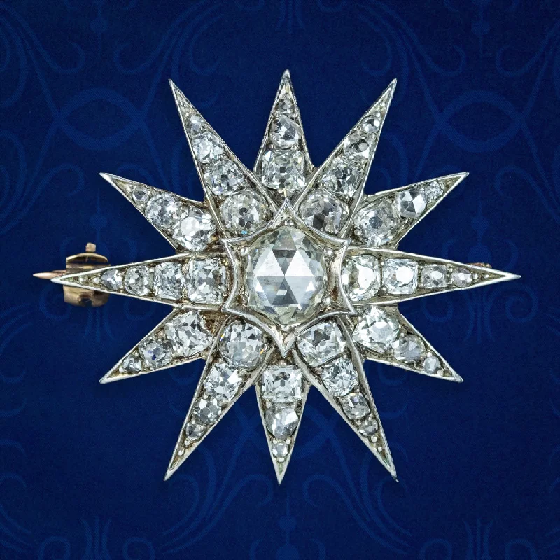 Citrine gem brooches-Antique Victorian Diamond Star Brooch Silver 15ct Gold 3ct Total