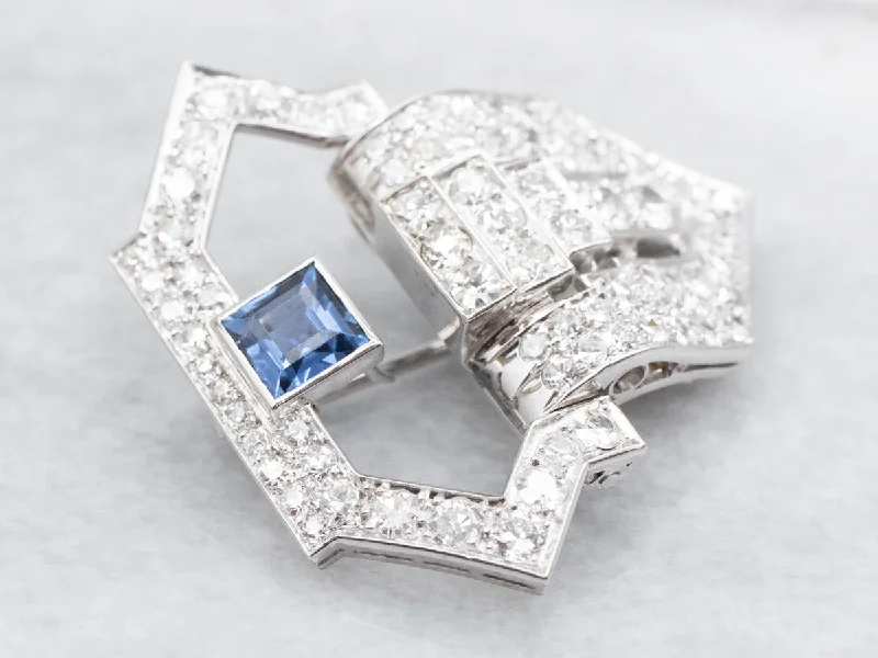 Sapphire gem brooches-Square Cut Sapphire and Diamond Brooch