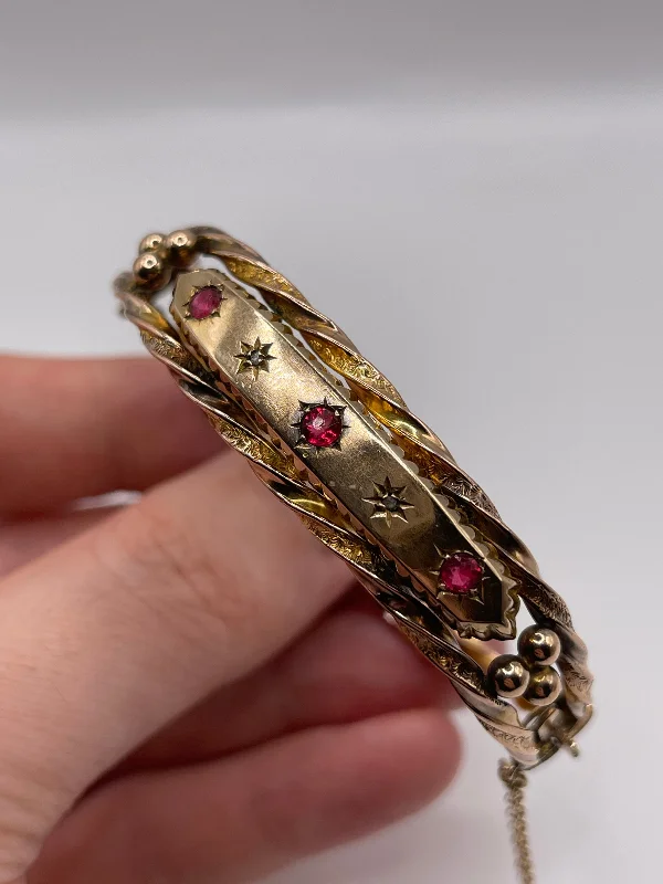 Raven feather bracelets-Antique 9ct gold synthetic ruby and diamond bangle