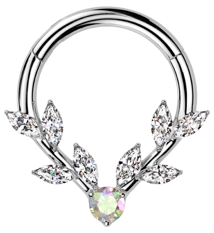 Small wing rings-Laurel Vine Clear And Rainbow Aurora CZ Stainless Steel Hinged Segment Ring