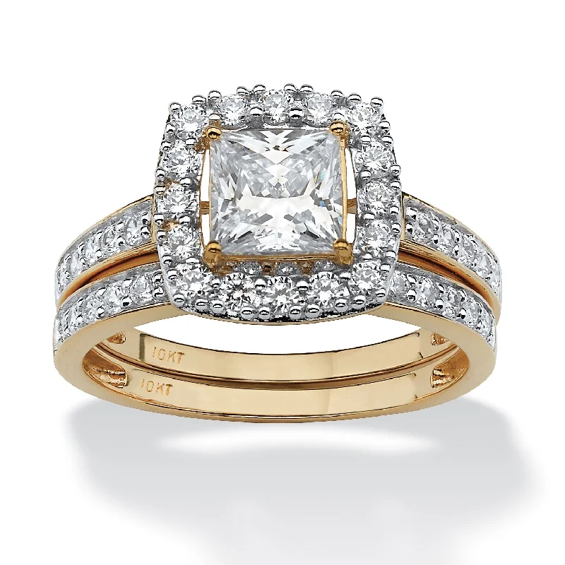 Solid band rings-2 Piece 1.93 TCW CZ Square Halo Bridal Ring Set in 10k Gold