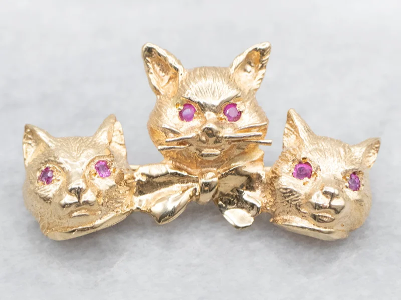 Victorian style brooches-Gold Cat Brooch with Synthetic Ruby Eyes