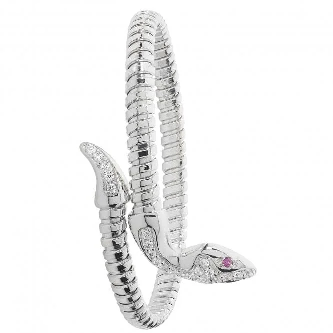 Pinch clasp bracelets-Acotis Silver Bangle Ovl Rhodium Plated Red Eyes Zirconia Snake G4223rh