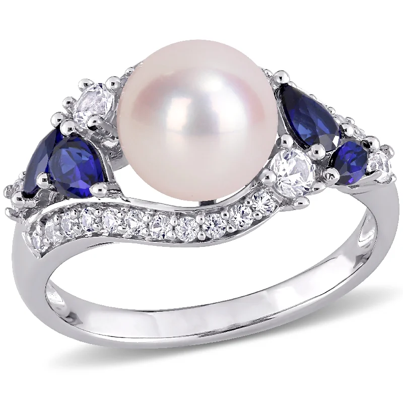 Stranded motif rings-Mimi & Max Cultured Freshwater Pearl 1 1/6ct TGW Created Blue White Sapphire Ring 10k White Gold