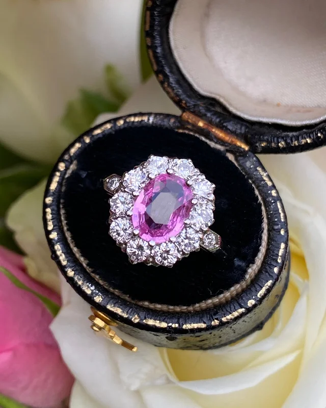 Tri-blend rings-Victorian Style Pink Sapphire and Diamond Cluster Platinum Ring 0.90ct + 1.60ct