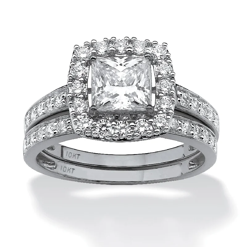 Solid band rings-2 Piece 1.93 TCW CZ Square Halo Bridal Ring Set in Solid 10k White Gold