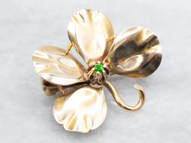 Dangling charm brooches-Antique Four Leaf Clover Green Garnet Brooch