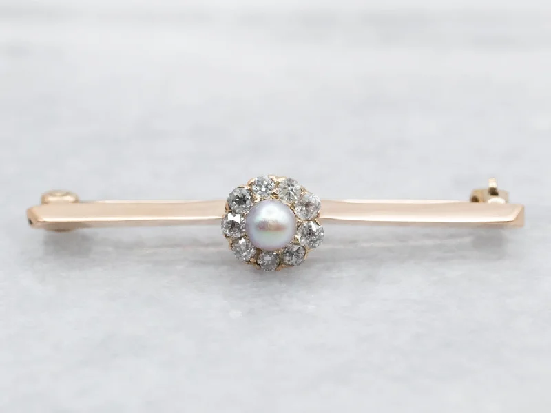 Antique silver brooches-Pearl and Diamond Halo Bar Brooch