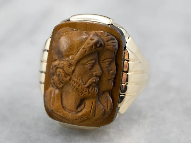 High gloss rings-Men's 1930's Tiger's Eye Cameo Gold Ring