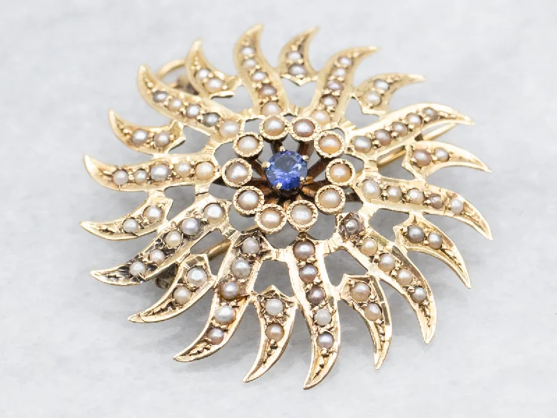 Knot design brooches-Antique Sapphire and Seed Pearl Starburst Brooch or Pendant