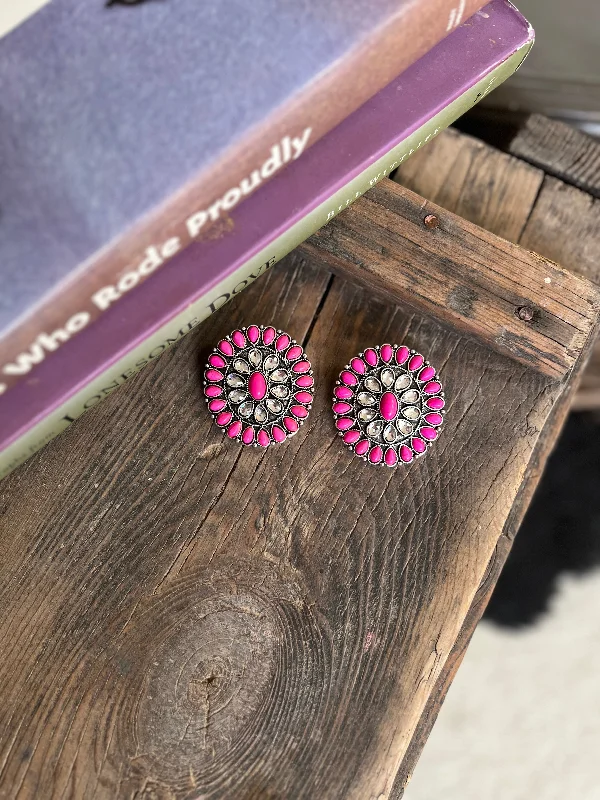 Bold stone rings-Large Pink And Rhinestone Cluster Post Earring