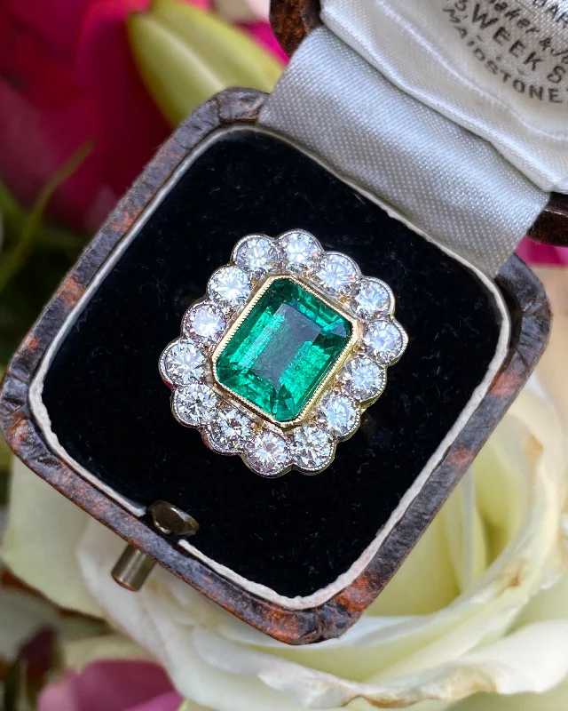 Woven fiber rings-Victorian Style Emerald and Diamond Cluster Ring 18ct Yellow Gold 1.50ct + 2.65ct