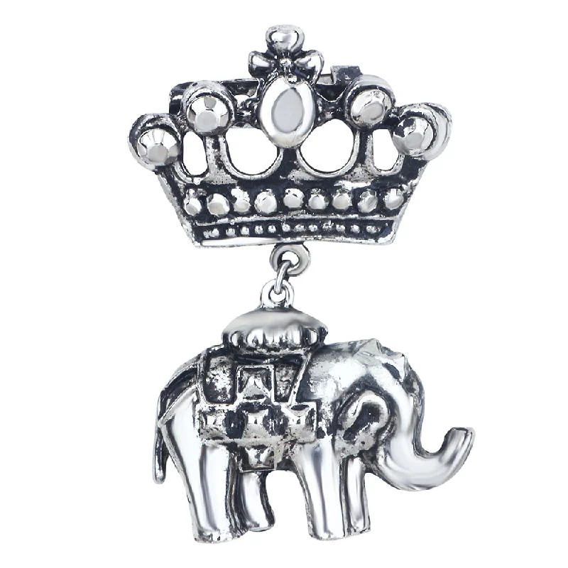 Vintage lock brooches-Mahi Oxidized Rhodium Plated Crown and Baby Elephant Shaped Shervani Brooch for Men (BP1101112R)