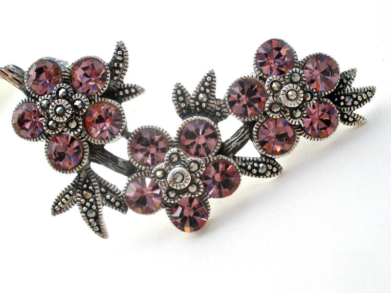 Handmade enamel brooches-Pink Crystal Flower Brooch Sterling Silver