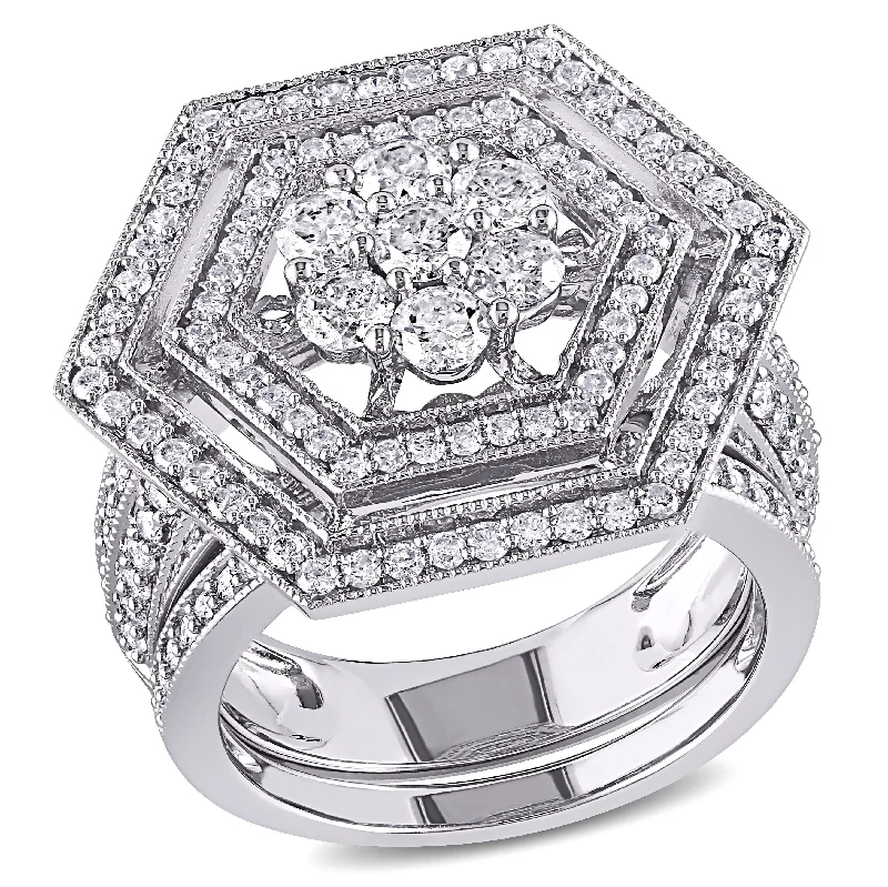 Solid band rings-Mimi & Max 2ct TW Double Halo Geometric Diamond Bridal Set 10k White Gold