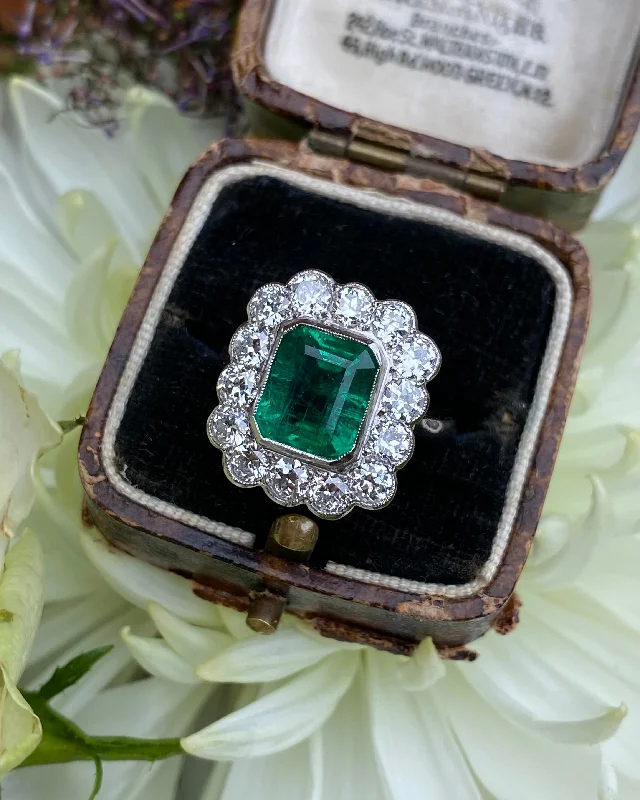 Open frame rings-Emerald and Diamond Cluster Platinum Ring 1.35ct + 1.85ct