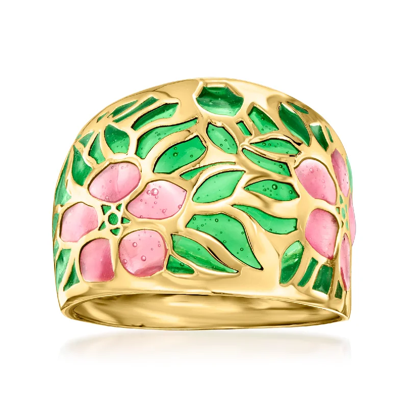 Multi-design rings-Ross-Simons Italian Pink and Green Enamel Floral Ring in 14kt Yellow Gold