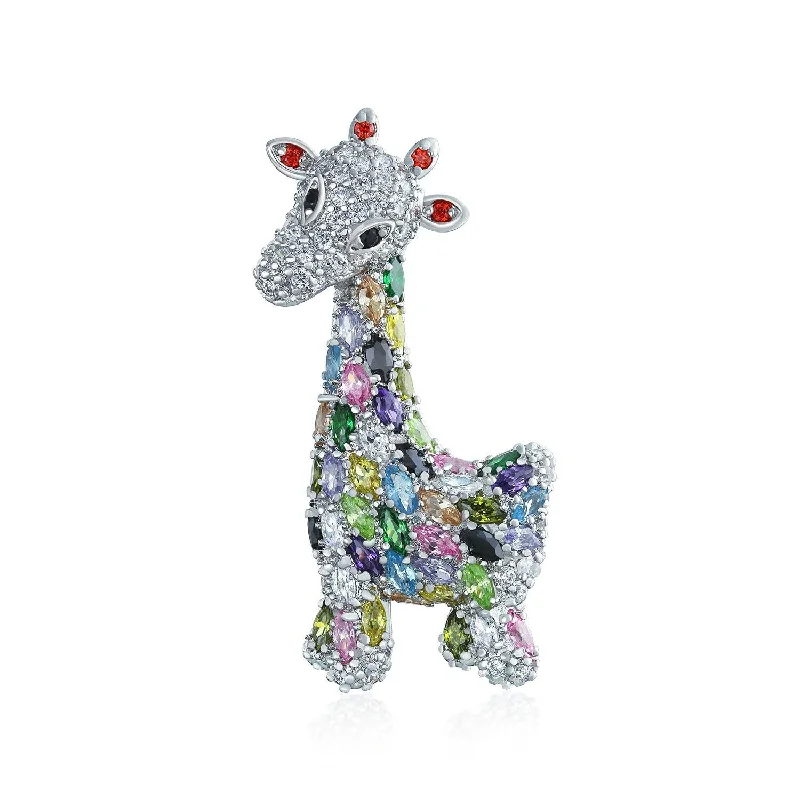 Layered design brooches-Giraffe Zoo Animal Brooche Pin with Colorful CZ Pave and Silver Tone Finish