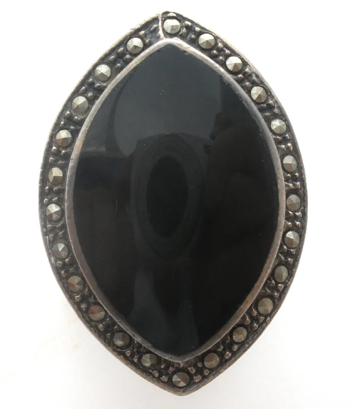 Beaded gem rings-Marquis Black Onyx Ring Sterling Silver Size 7