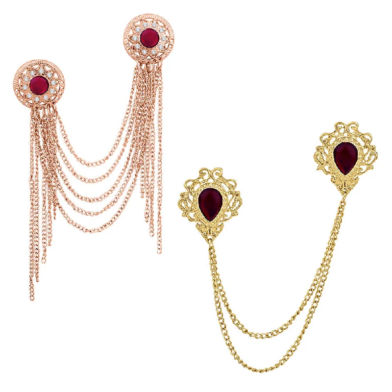 Geometric shape brooches-Mahi Combo of Layered Chains Wedding Brooch with Maroon Crystals for Men (CO1105455M)