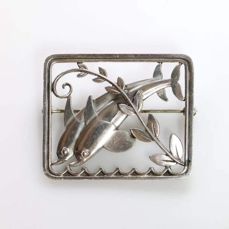 Geometric shape brooches-Vintage Georg Jensen Jewelry | Twin Dolphins and Ivy Brooch 251 by Arno Malinowski