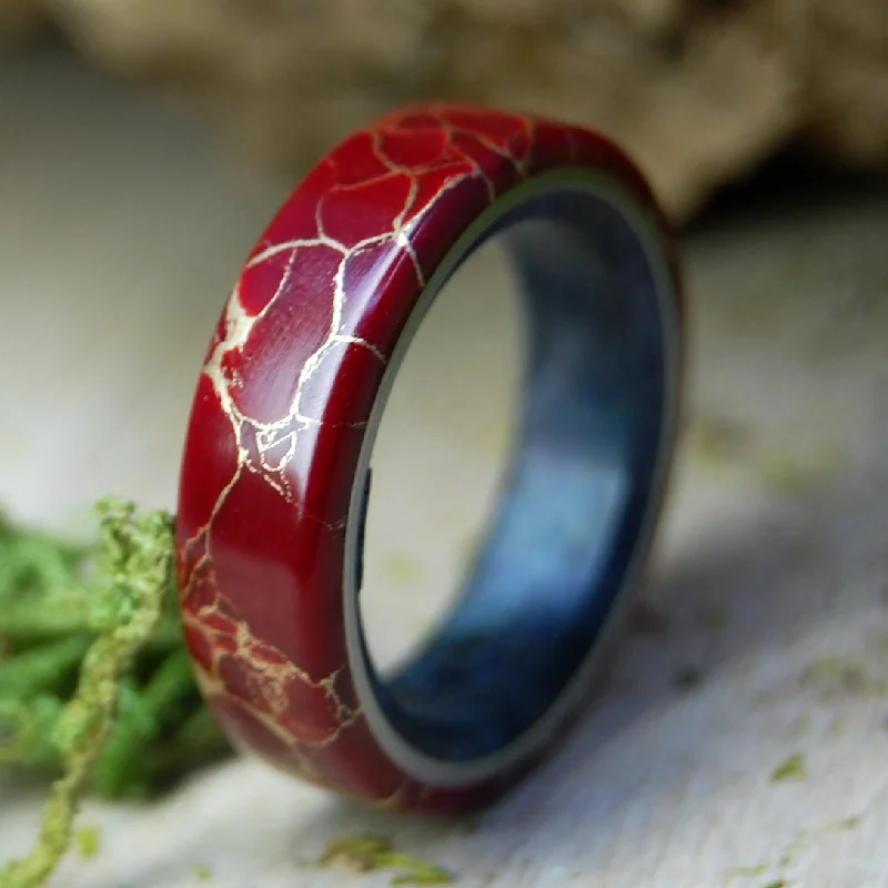 Old deco rings-Bright & Brooding King | Men's Blue Box Elder Wood, Red Jasper & Titanium Wedding Ring