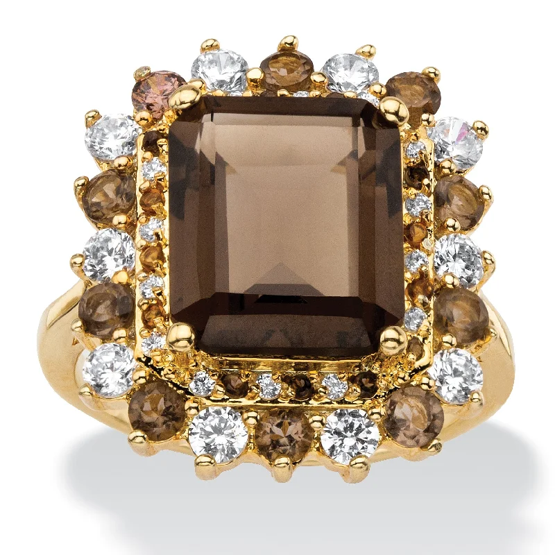 Whimsical rings-9.80 TCW Emerald-Cut Genuine Smoky Topaz and CZ Gold-Plated Cocktail Ring