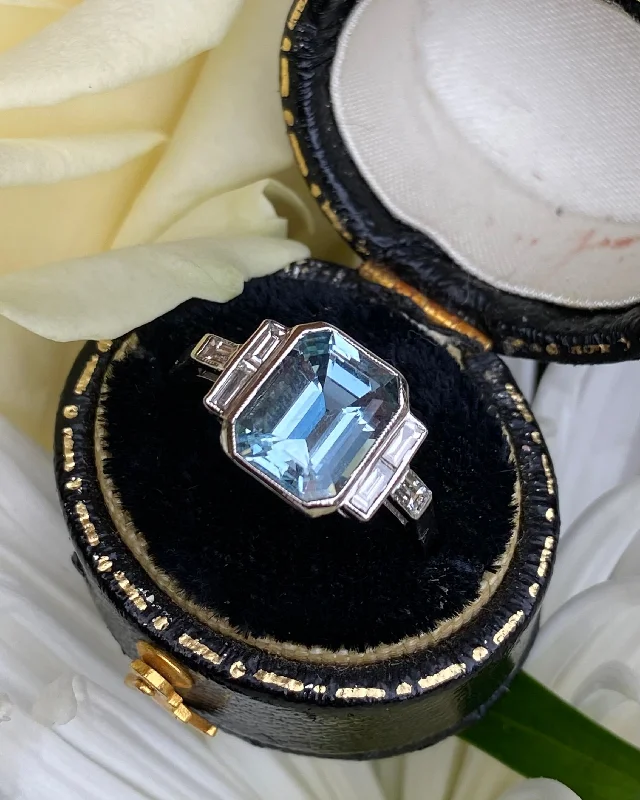 Multi-stone rings-Art Deco Aquamarine and Diamond Platinum Ring 0.30ct + 2.20ct