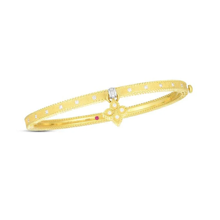 Subtle filigree bangles-Roberto Coin Diamond Princess Flower Symphony Bangle with Flower Charm in 18K Yellow Gold