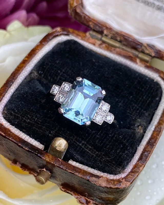 Pinch band rings-Art Deco Aquamarine and Diamond Platinum Ring 0.18ct + 1.85ct