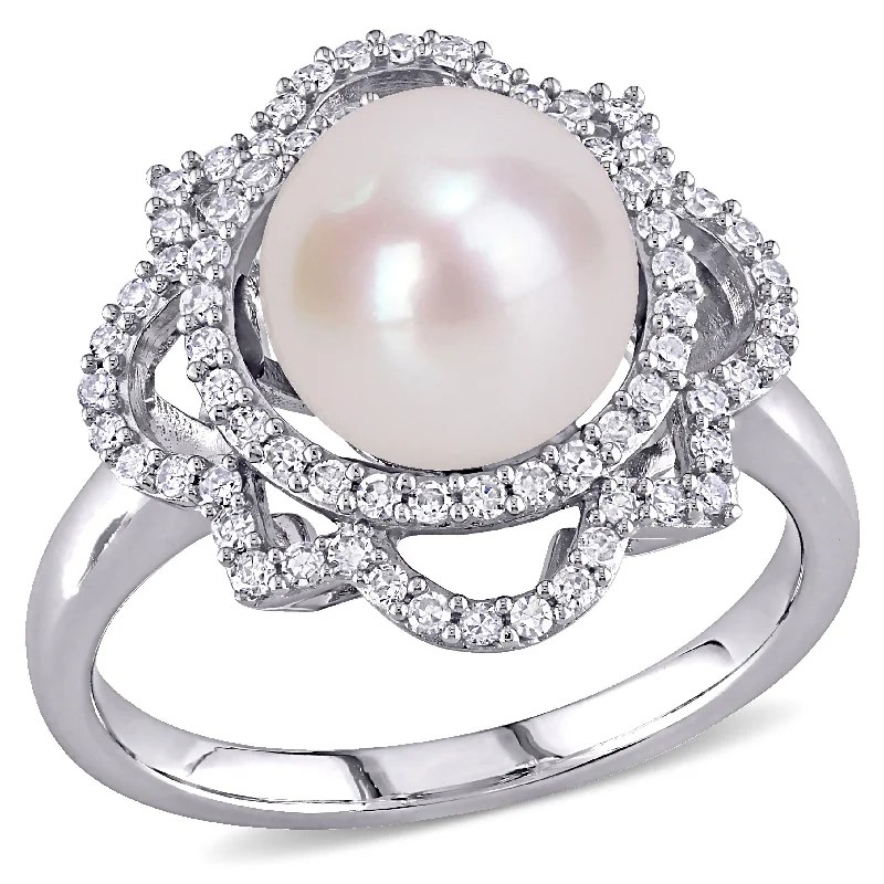 Full moon rings-Mimi & Max 9mm Cultured Freshwater Pearl 3/8ct TW Diamond Vintage Ring 14k White Gold