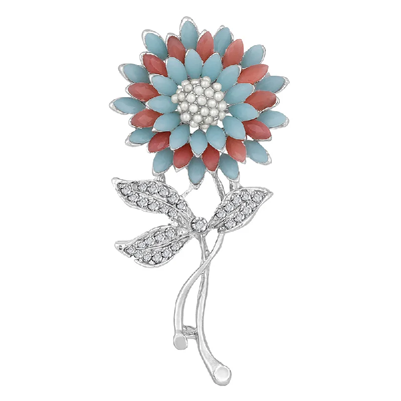 Emerald stone brooches-Mahi Blue, Pink, White Crystals and Artificial Pearls Sunflower Brooch / Lapel Pin for Women (BP1101086RBlu)