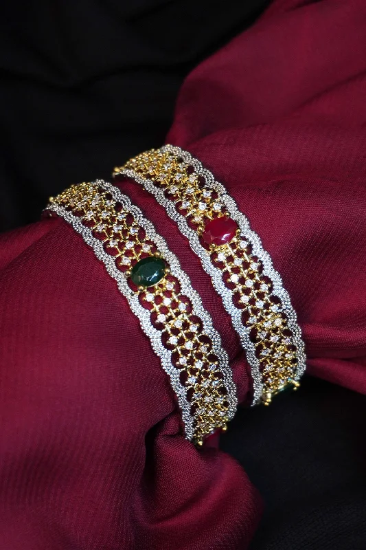 Whimsical bangles-Gold-Plated Red And Green Stone With CZ Bangles For Women (Set Of 2)