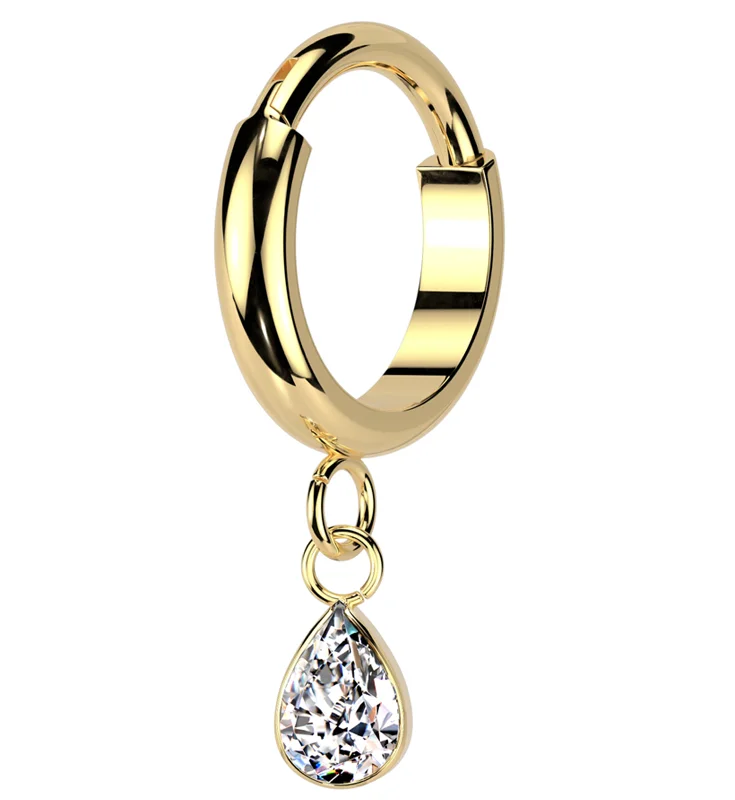 Whimsical rings-Gold PVD Teardrop Clear CZ Dangle Titanium Hinged Segment Ring