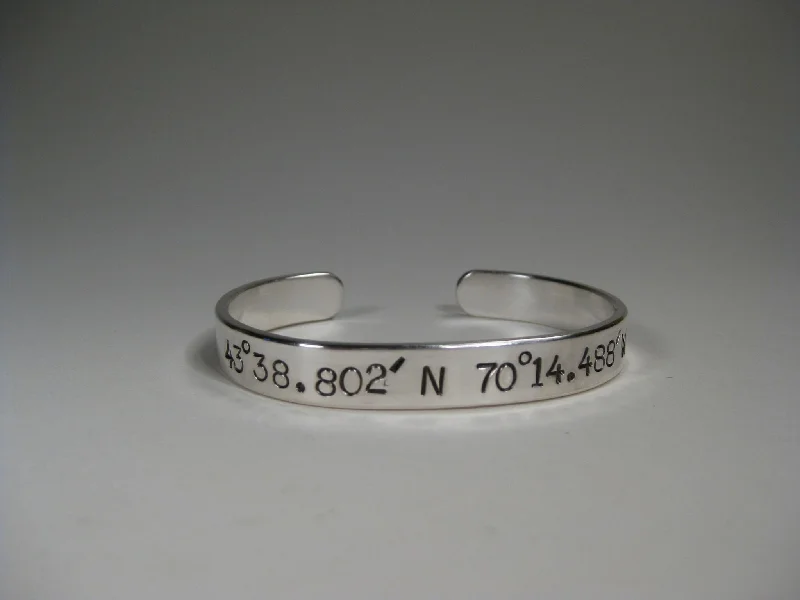 Whimsical bangles-Women's Sterling Silver Cuff w/ Latitude & Longitude, 8mm, Large Text