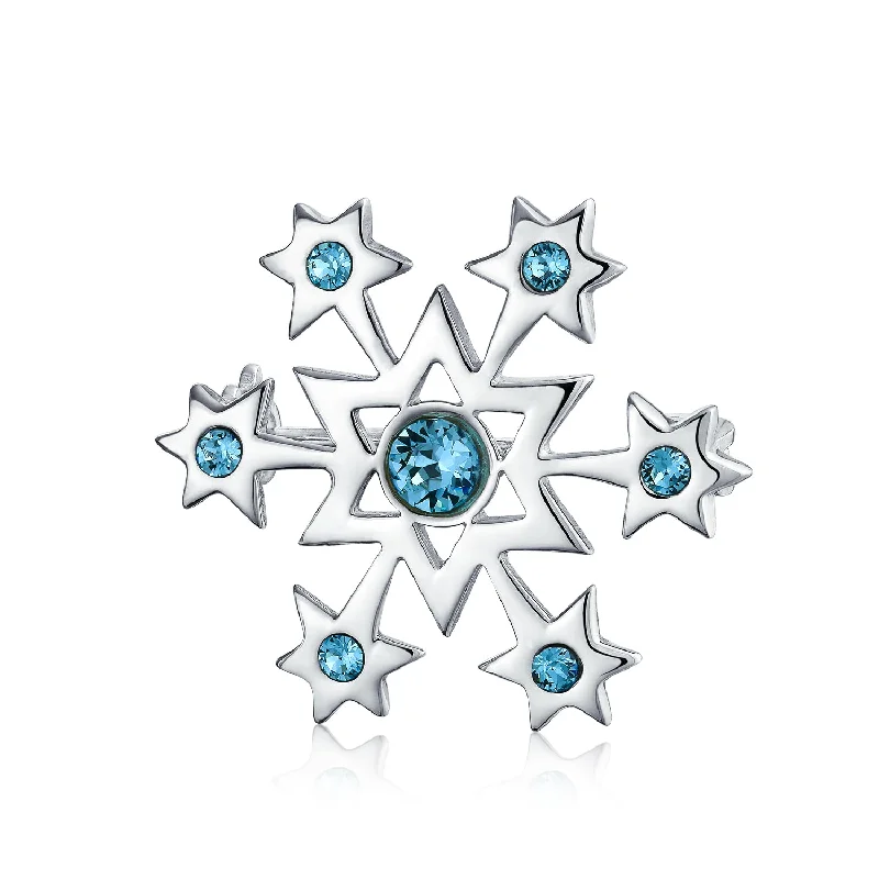 Rustic wooden brooches-Frozen Winter Aqua Ice Blue CZ Snowflake Brooche Pin for Holiday Party Scarves