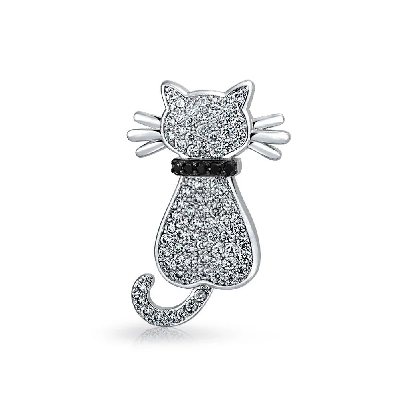 Hexagon shape brooches-Cute Animal Lover CZ Kitty Cat Brooche Pin Silver Plated Cubic Zirconia