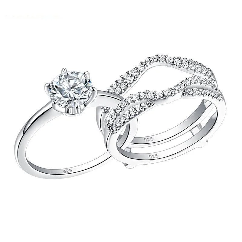 Deer motif rings-2Pcs Round Diamond Ring with Wavy Double Band Set