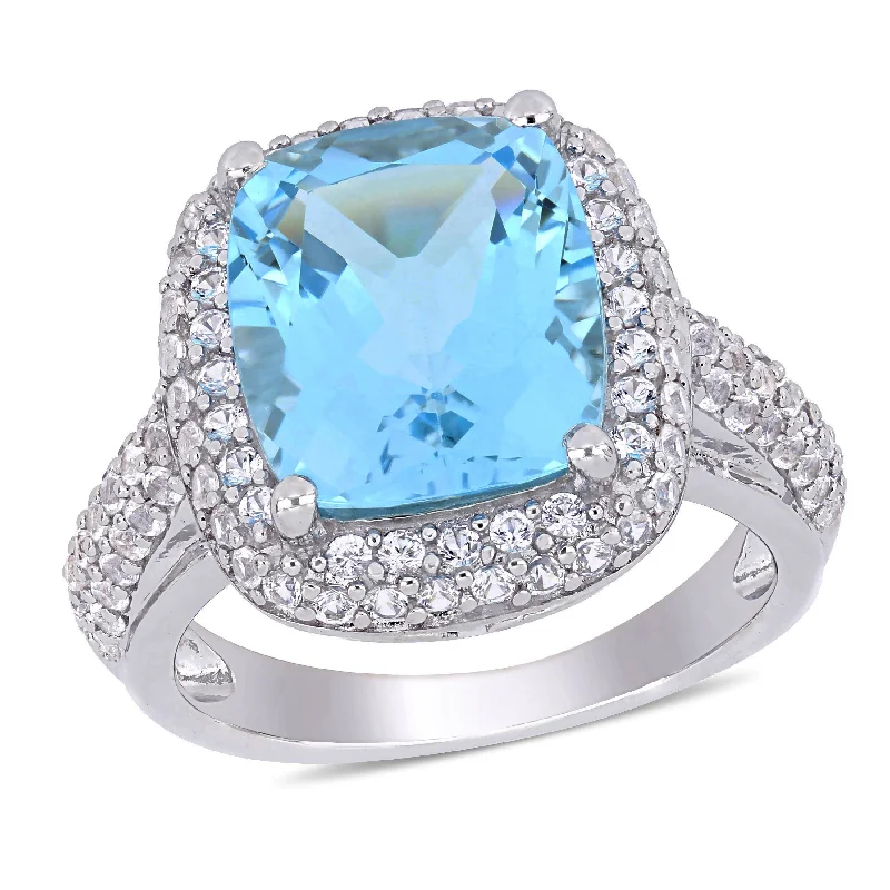 Blended metal rings-Mimi & Max 7 1/4ct TGW Cushion Cut Blue Topaz and Created White Sapphire Double Halo Ring in Sterling Silver