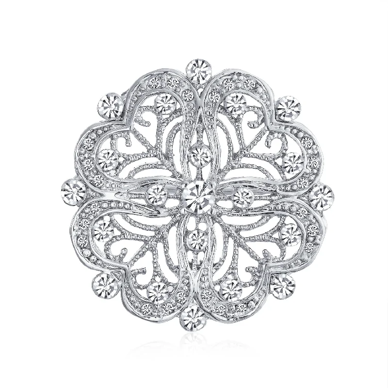 Ocean wave brooches-Vintage Antique Style Floral Heart Filigree CZ Brooche Pin Silver Brass