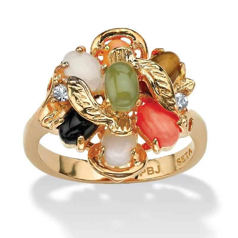 Fine design rings-Coral, Opal, Jade, Onyx and Tiger's-Eye Cluster Ring in Gold-Plated