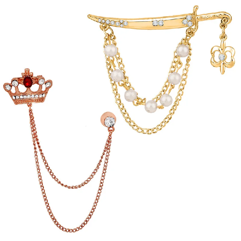 Citrine gem brooches-Mahi Combo of Sword and Crown Shaped Layered Chain Wedding Brooch with Red, White Crystals, Artificial Pearls for Men (CO1105508M)