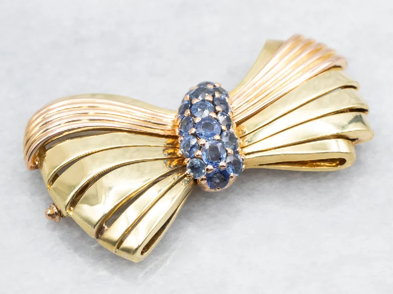 Hexagon shape brooches-Two Tone Sapphire Bow Brooch